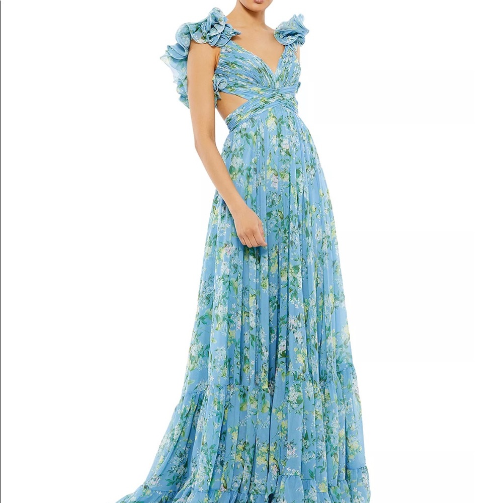 mac duggal ruffle tiered floral cut-out chiffon gown in blue